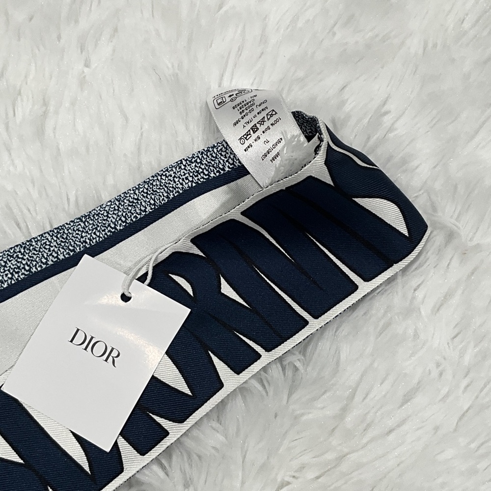 Dior Slim Logo Silk Scarf Tie - White & Navy - Picture 5 of 8